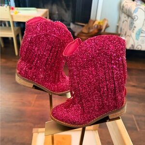 Glittery Fuchsia Kids Fringe Boots